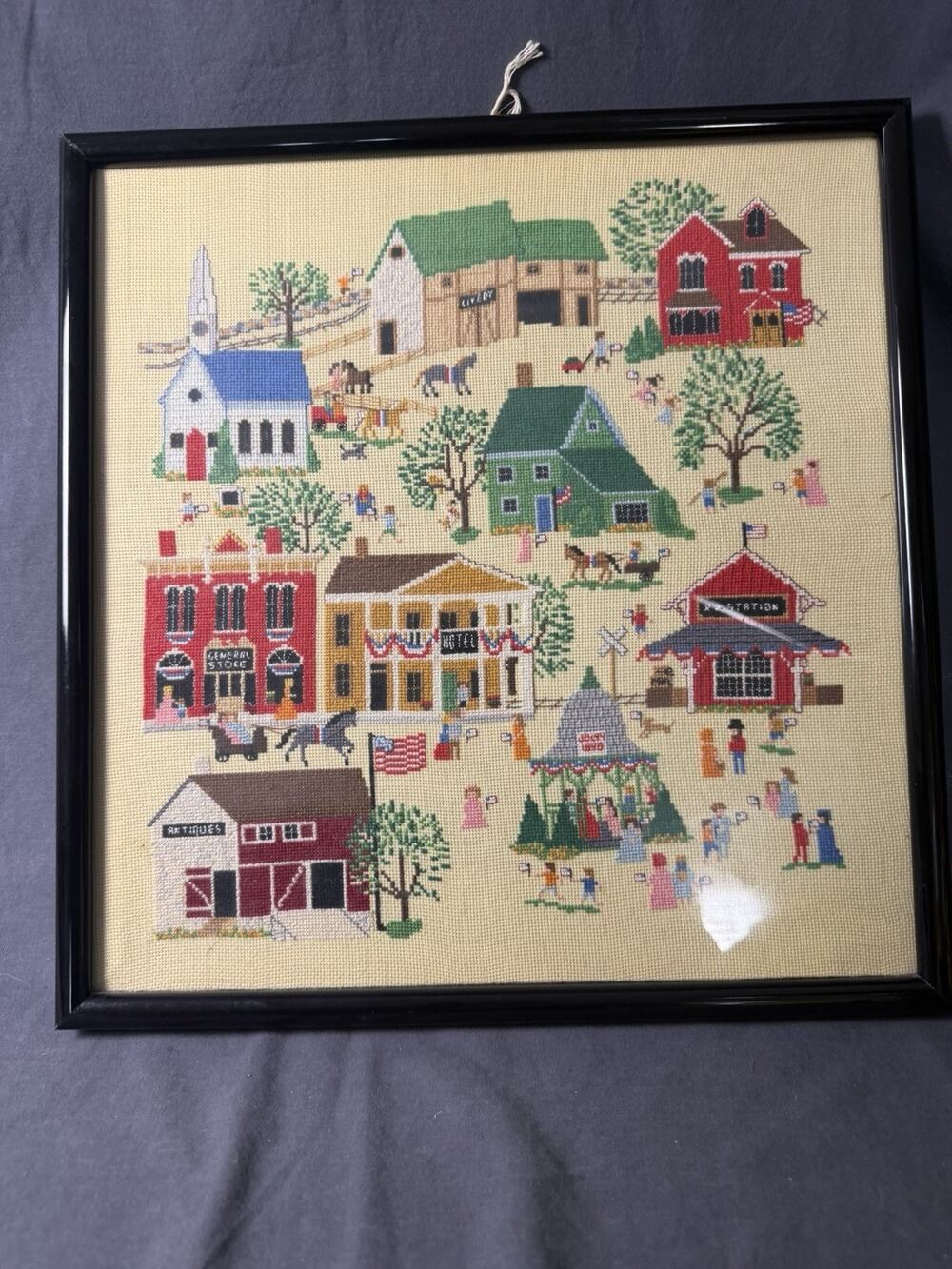 Vintage Cross Stitch Needle Point Black Framed Village Scene 15x16